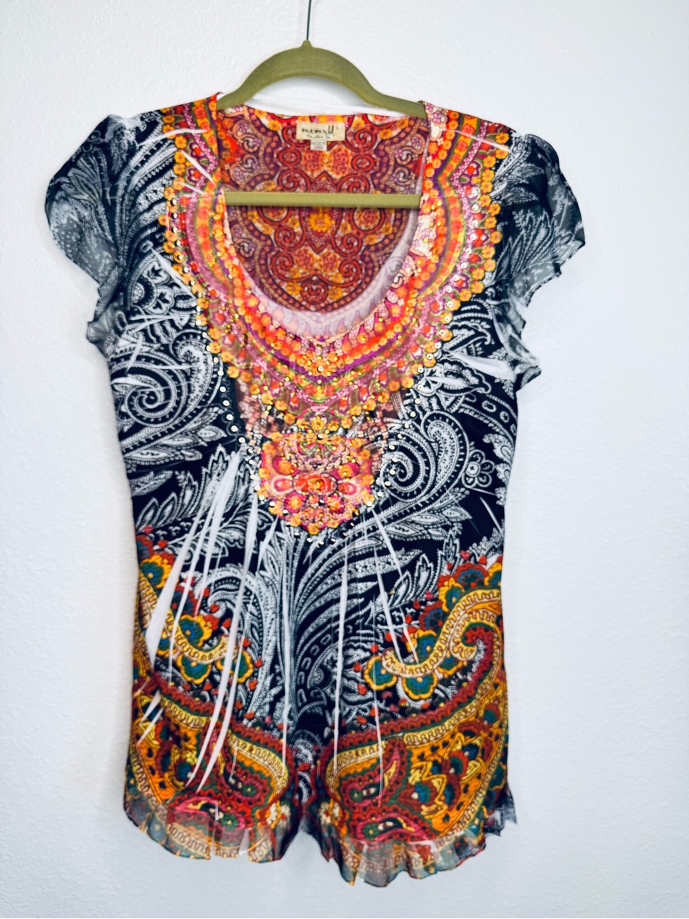 Y2K One World Multi Color Pullover Top Mesh Chest size L NWOT